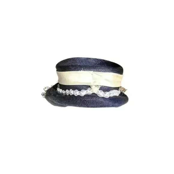 Vintage Ribbon Trim Navy & White Woven Hat W/ Veil - Picture 3 of 4